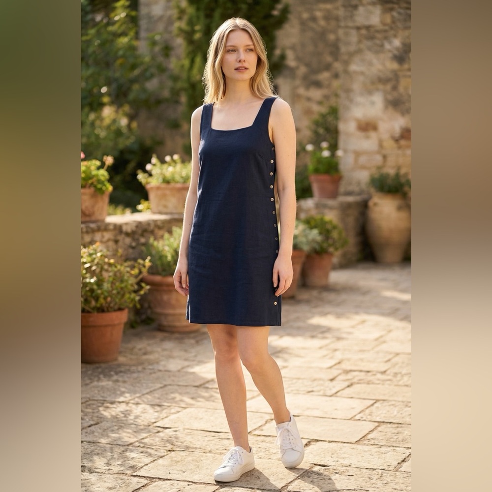 Tommy Bahama Navy Sleeveless Square-Neck Shift Dress with Side Buttons 100% Silk